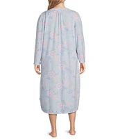 Miss Elaine Plus Size Brushed Printed Honeycomb Long Sleeve Round Neck Knit Long Nightgown