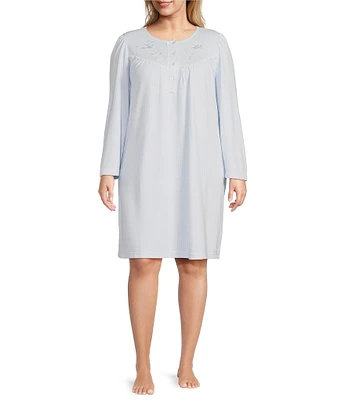 Miss Elaine Plus Size Brushed Solid Honeycomb Long Sleeve Round Neck Knit Short Nightgown