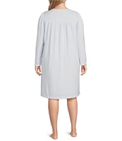 Miss Elaine Plus Size Brushed Solid Honeycomb Long Sleeve Round Neck Knit Short Nightgown