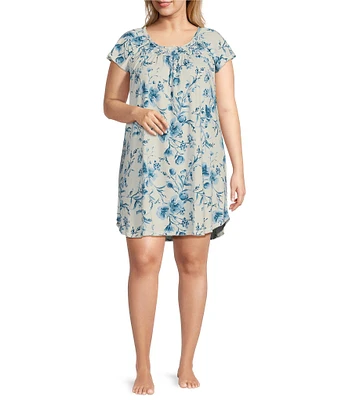 Miss Elaine Plus Size Cottonessa Watercolor Floral Printed Short Nightgown