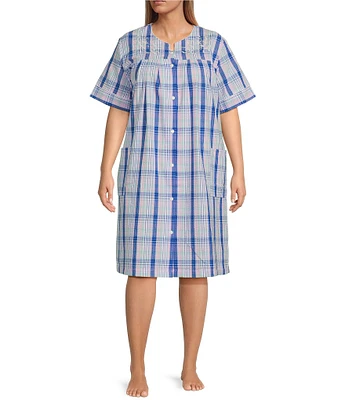 Miss Elaine Plus Size Embroidered Seersucker Short Plaid Patch Pocket Snap-Front Robe