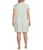 Miss Elaine Plus Size Floral Print Short Sleeve Round Neck Knit Short Nightgown