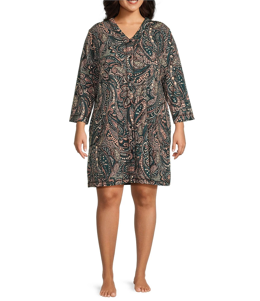 Miss Elaine Plus Size Interlock Knit Short Paisley Print Snap Front Robe