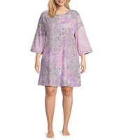 Miss Elaine Plus Size Paisley Print 3/4 Sleeve Round Neck Interlock Knit Snap-Front Short Robe