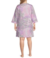 Miss Elaine Plus Size Paisley Print 3/4 Sleeve Round Neck Interlock Knit Snap-Front Short Robe