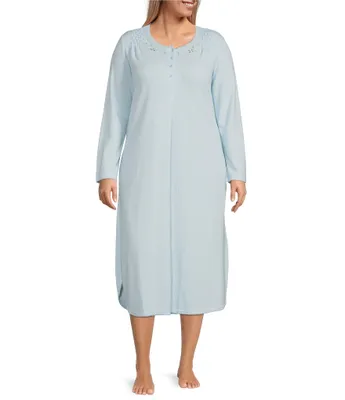 Miss Elaine Plus Size Pointelle Brushed Honeycomb Knit Jewel Neck Long Sleeve Nightgown