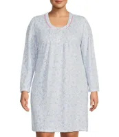 Miss Elaine Plus Size Rosewood Print Brushed Honeycomb Knit Long Sleeve Short Nightgown