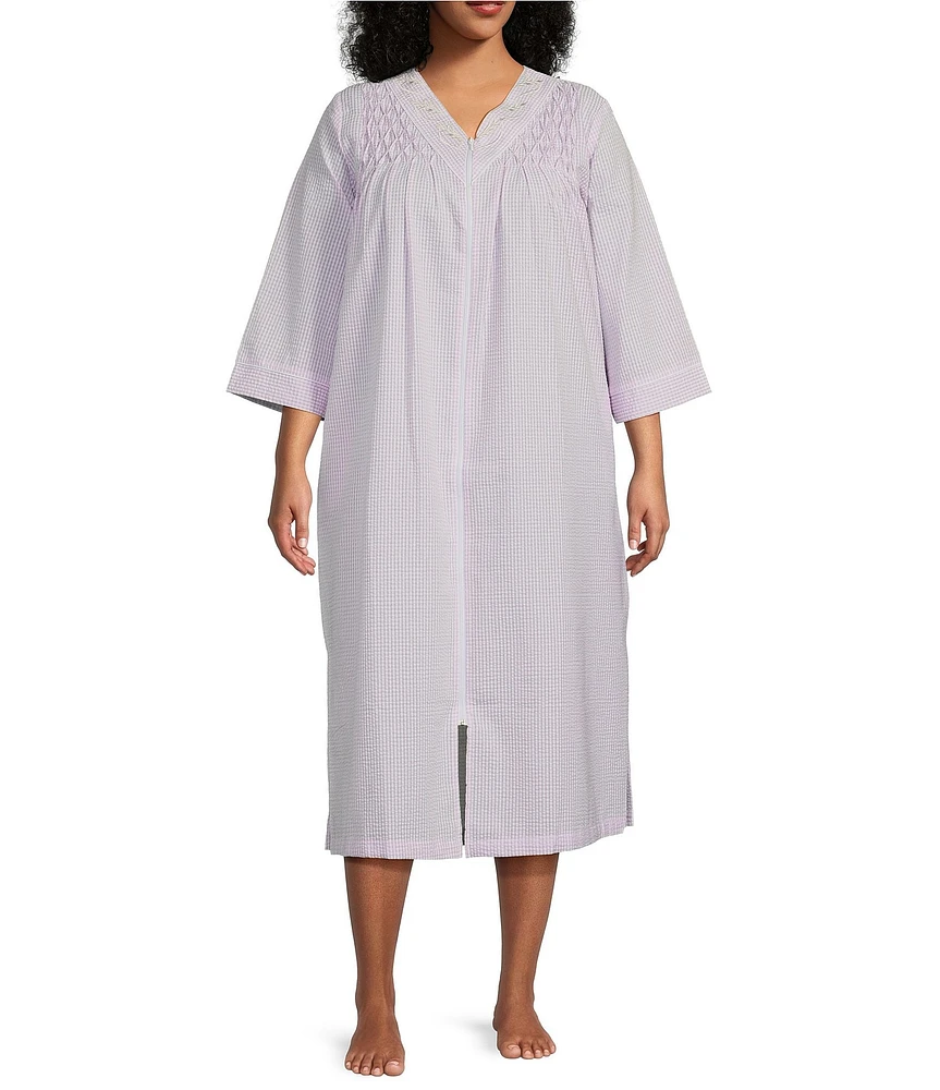 Miss Elaine Plus Size Seersucker Long Check Zip-Front Robe