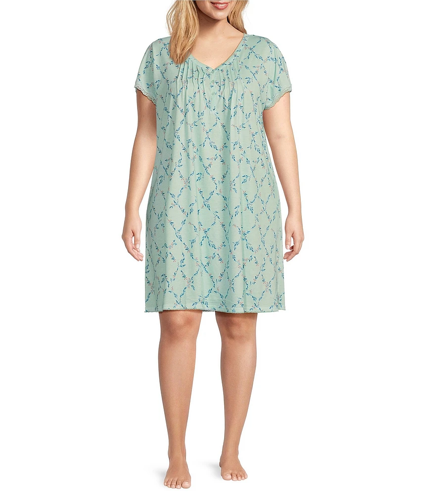 Miss Elaine Plus Size Silky Knit Floral Printed Short Nightgown