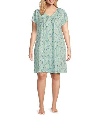 Miss Elaine Plus Size Silky Knit Floral Printed Short Nightgown