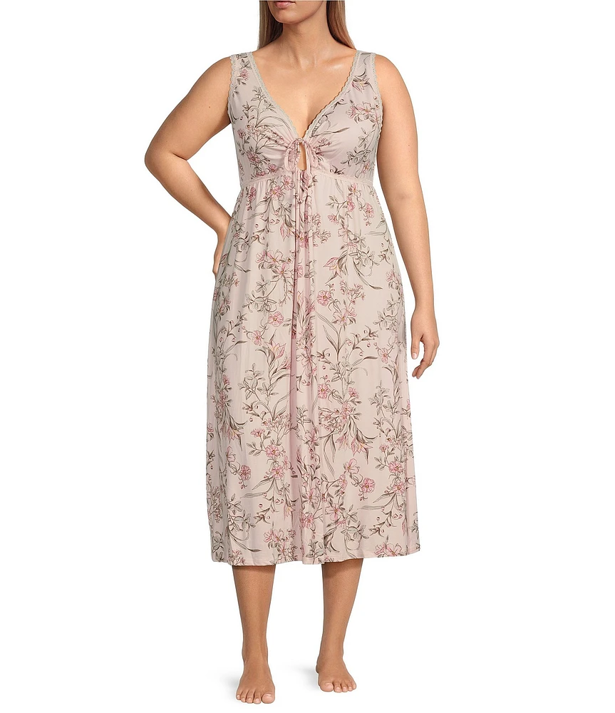 Miss Elaine Plus Size Soft Knit Floral Print Sleeveless Long Nightgown