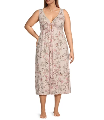 Miss Elaine Plus Size Soft Knit Floral Print Sleeveless Long Nightgown