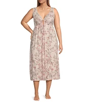 Miss Elaine Plus Size Soft Knit Floral Print Sleeveless Long Nightgown