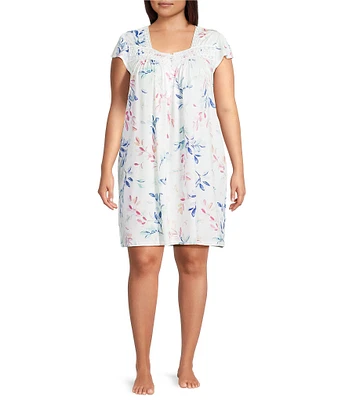 Miss Elaine Plus Size Watercolor Leaves Print Short Sleeve Sweetheart Neck Silky Knit Short Nightgown