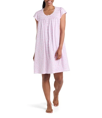 Miss Elaine Printed Silky Knit Short Sleeve Round Neck Short Nightgown