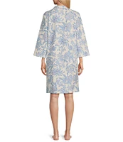 Miss Elaine Quilt In Knit Floral Print 3/4 Sleeve V Neck Snap Front Short Robe