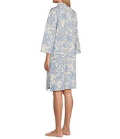 Miss Elaine Quilt In Knit Floral Print 3/4 Sleeve V Neck Snap Front Short Robe