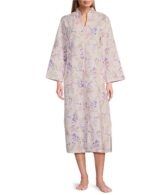 Miss Elaine Quilt-In-Knit Paisley Print Long Sleeve Long Zip-Front Robe