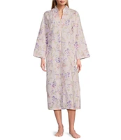 Miss Elaine Quilt-In-Knit Paisley Print Long Sleeve Long Zip-Front Robe