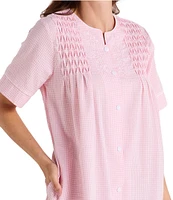 Miss Elaine Seersucker Checkered Print Short Sleeve Short Snap-Front Robe