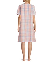 Miss Elaine Seersucker Short Plaid Embroidered Trim Snap-Front Robe