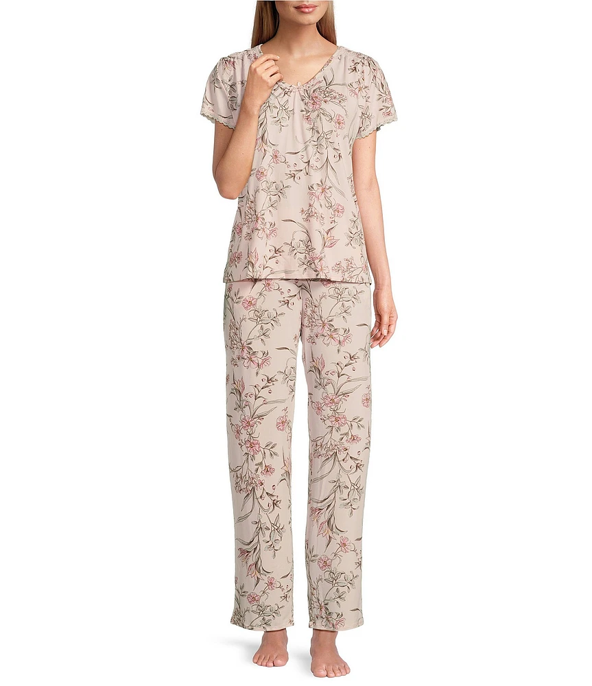 Miss Elaine Soft Knit Pink Floral Short Sleeve V Neck Pant Pajama Set