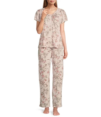 Miss Elaine Soft Knit Pink Floral Short Sleeve V Neck Pant Pajama Set