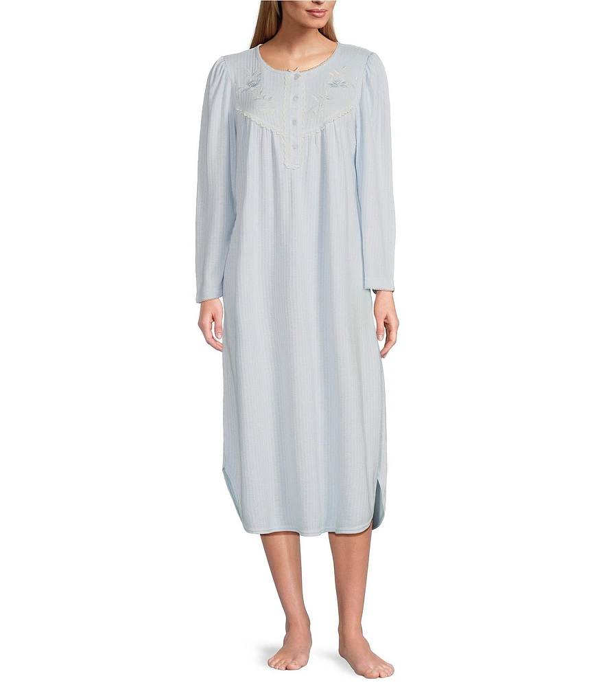 Miss Elaine Solid Brushed Honeycomb Long Sleeve Round Neck Long Nightgown