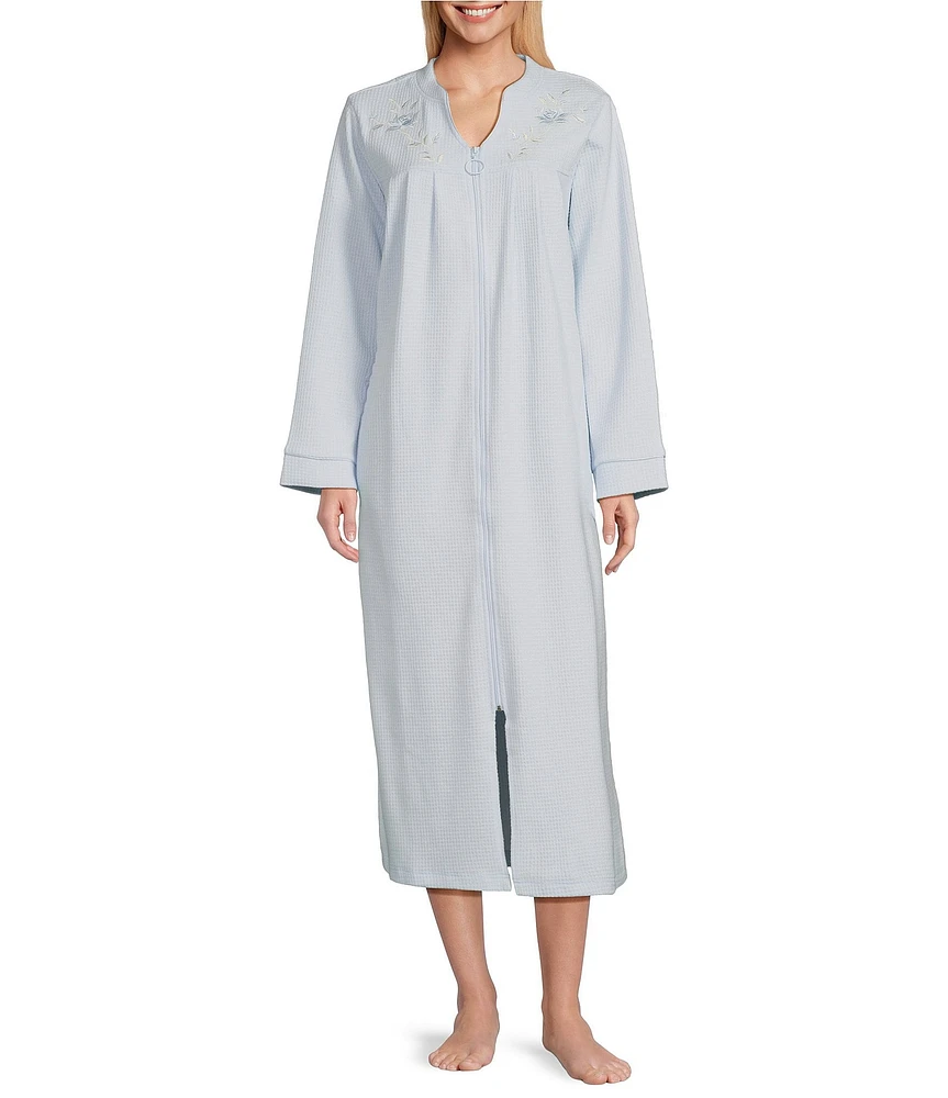 Miss Elaine Solid Brushed Waffle Long Sleeve Collared Neck Zip Long Robe