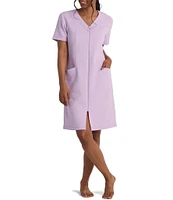 Miss Elaine Solid Diamond Jacquard Short Sleeve Knit Zip Robe