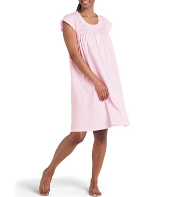 Miss Elaine Solid Silky Knit Short Sleeve Round Neck Short Nightgown