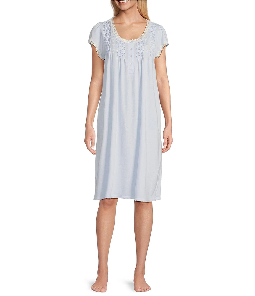 Miss Elaine Solid Silky Knit Short Sleeve Round Neck Short Nightgown