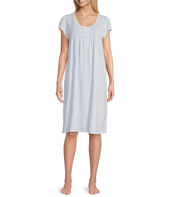 Miss Elaine Solid Silky Knit Short Sleeve Round Neck Short Nightgown