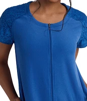 Miss Elaine Stretch Terry Short Sleeve Round Neck Zip-Front Short Robe