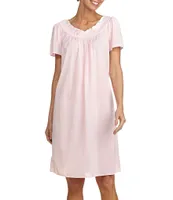 Miss Elaine Tricot Floral Embroidered Round Neck Short Flutter Sleeve Nightgown