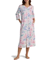 Miss Elaine Watercolor Leaves Print 3/4 Sleeve Sateen Woven Cotton Zip Long Robe