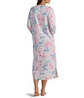 Miss Elaine Watercolor Leaves Print 3/4 Sleeve Sateen Woven Cotton Zip Long Robe