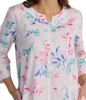 Miss Elaine Watercolor Leaves Print 3/4 Sleeve Sateen Woven Cotton Zip Long Robe
