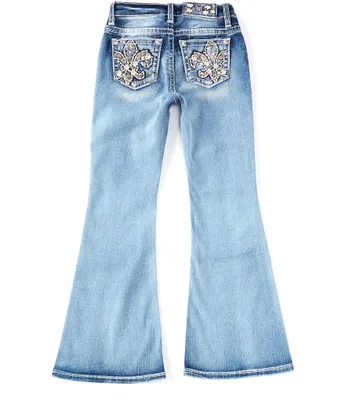 Miss Me Big Girls 7-16 Mid Rise Dark Wash Flare Detailed Fleur De Lis Denim Jean