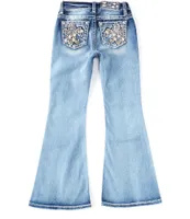 Miss Me Big Girls 7-16 Mid Rise Dark Wash Flare Detailed Fleur De Lis Denim Jean