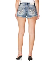 Miss Me Mid Rise Embellished Cute Flower Frayed Hem Denim Shorts