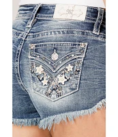 Miss Me Mid Rise Embellished Cute Flower Frayed Hem Denim Shorts