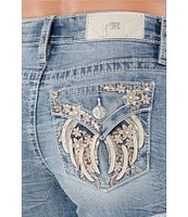 Miss Me Mid Rise Embellished Floral/Angel Wing-Pocketed Denim Shorts