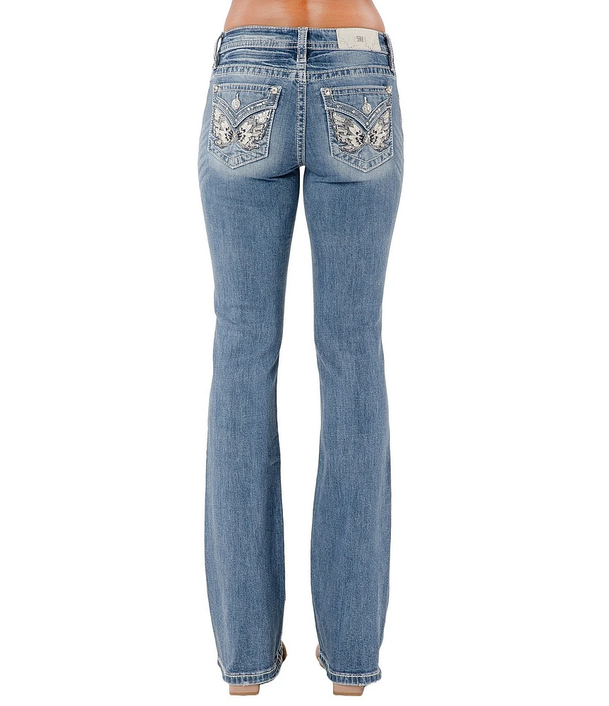 Miss Me Mid Rise Embellished Wing Back Flap Pocket 34#double; Inseam Bootcut Jeans