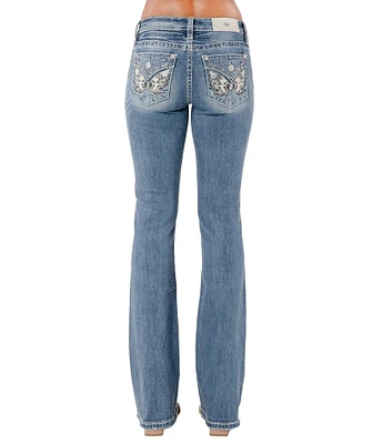 Miss Me Mid Rise Embellished Wing Back Flap Pocket Bootcut Jeans