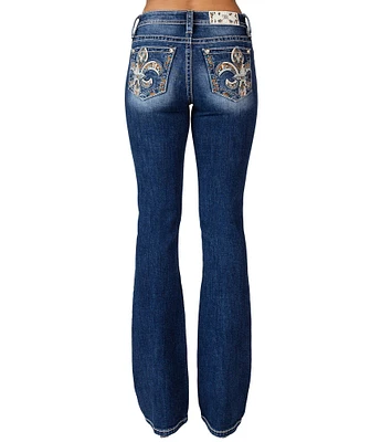 Miss Me Mid Rise Fleur De Lis Pocket Bootcut Jeans