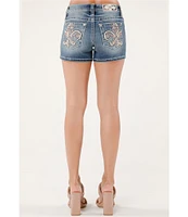 Miss Me Mid Rise Floral Fleur De Lis Back Pocket Shorts