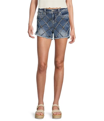 Miss Me Mid Rise Latticework Embroidered Frayed Hem Denim Shorts