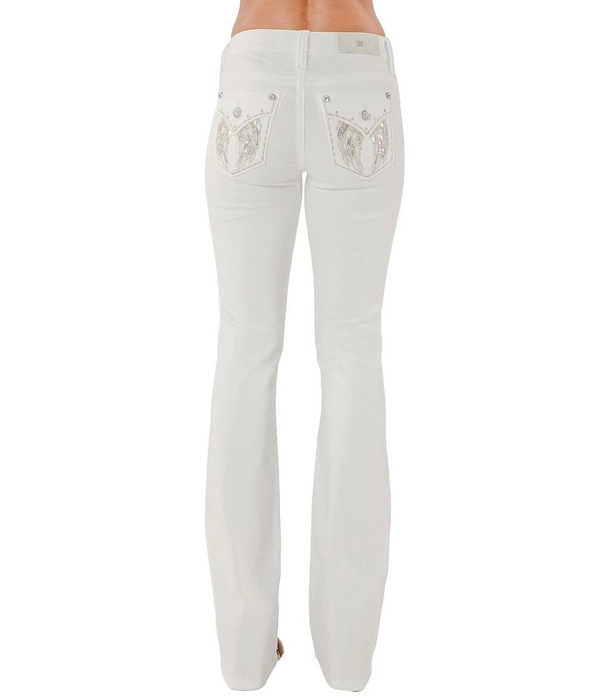 Miss Me Mid Rise Sequin Embellished Wing Flap Pocket Bootcut Jeans