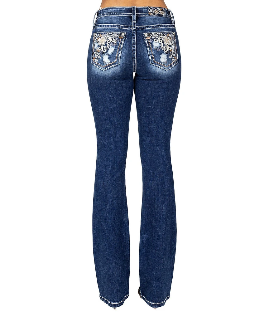 Miss Me Mid Rise Swirl Flower Bootcut Jeans